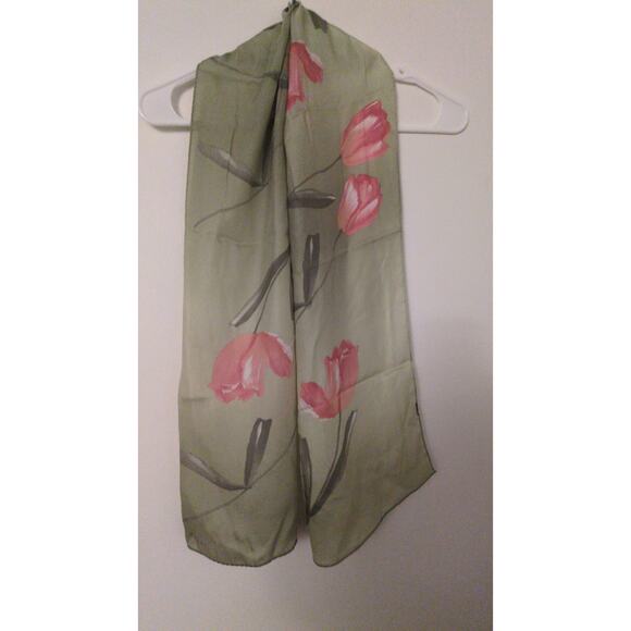 Vintage Light Green & Pink Silk Long & Thin Scarf by Ellen West, Artsy, Boho - Picture 1 of 6
